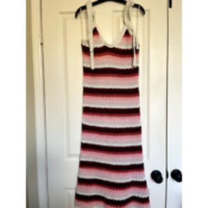 Zara Limited Edition Crochet Striped Midi Dress w Shoulder Ties Pink